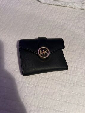 Michael Kors Black Leather Compact Wallet with Gold MK Logo